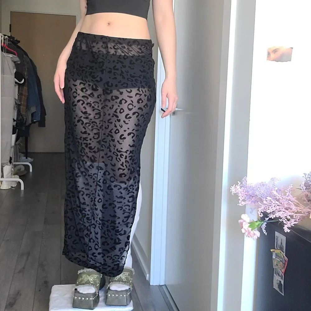 Leopard Bodycon Sexy Animal Print Sheer Maxi Skirt - Picture 2 of 5